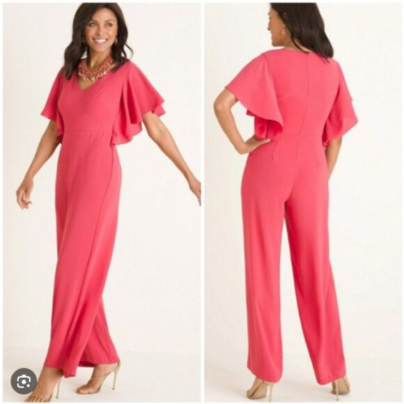 Chico's Ruffle Sleeve Jumpsuit Wide Leg Coral Pink V-Neck Classic Sz 2.5/14 - Picture 1 of 6